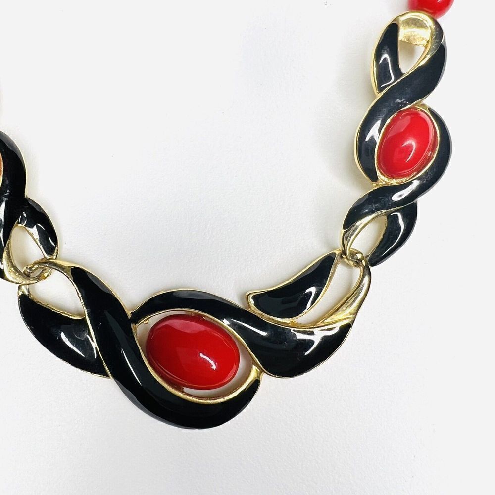 Vintage Black Enamel Red Cabochon Beaded Beads Necklace Gold Tone BEAUTIFUL 1052 - Picture 4 of 7